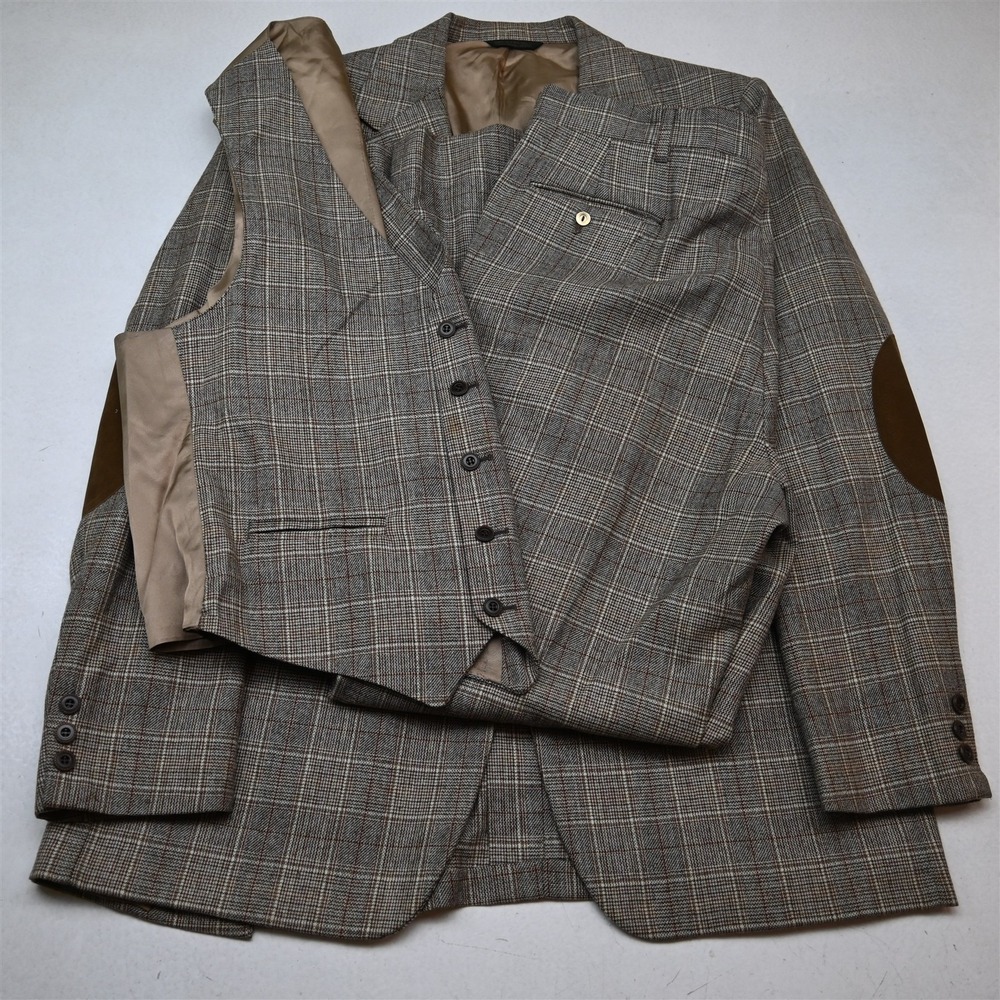 Vtg USA Made 44L 36x34 Brown Glenn Check Wool Flannel Flared 3 Piece Mens Suit